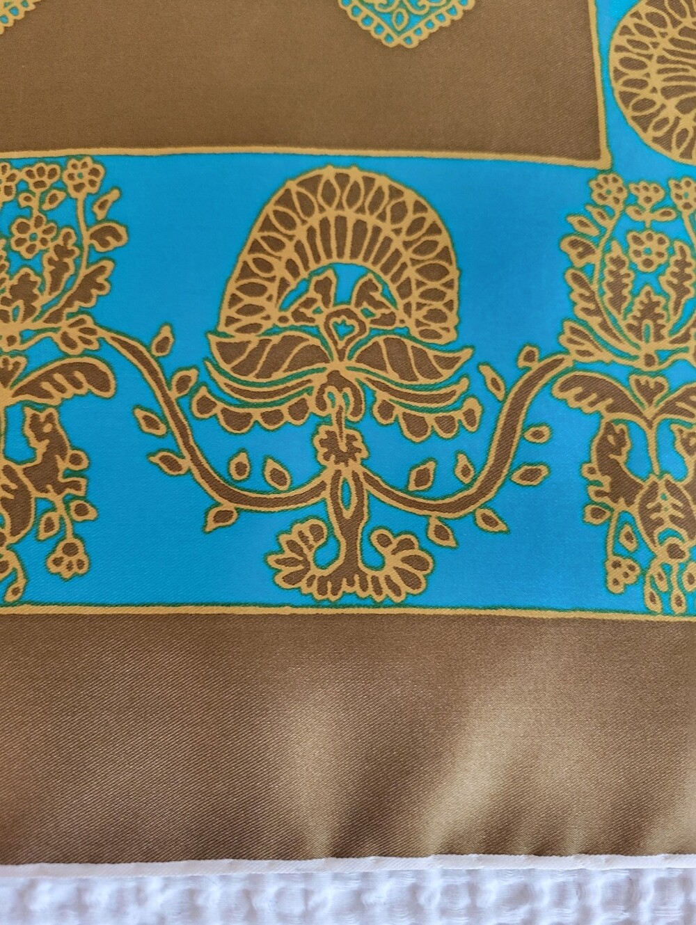 Vintage Silk Scarf in Olive Green and Turquoise,hand Rolled Edges,31X31 Inches. - Picture 5 of 9